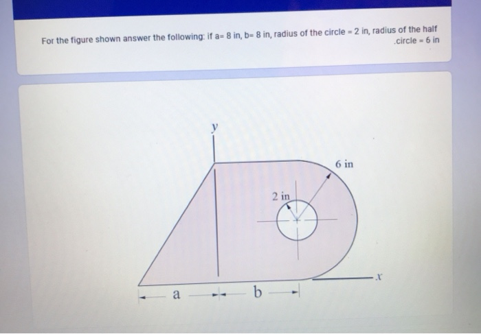 For the figure shown answer the following: if a-8 in, b-8 in, radius of the circle = 2 in, radius of the half circle - 6 in 6