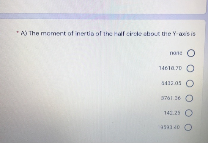 A) The moment of inertia of the half circle about the Y-axis is none 14618.70 O 6432.05 3761.36 O 142.25 19593.40 O