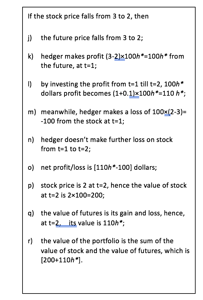 If the stock price falls from 3 to 2, then i) the future price falls from 3 to 2; k) hedger makes profit (3-2)x100h*=100h* fr