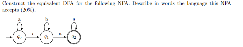 Construct the equivalent DFA for the following NFA. Describe in words the language this NFA accepts (20%).