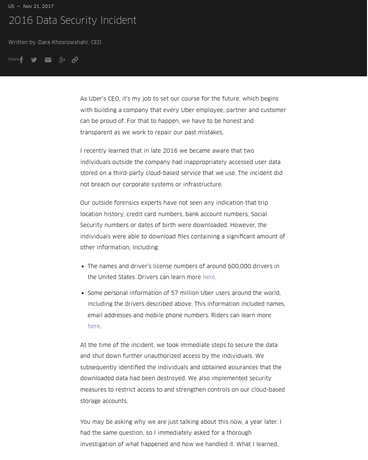 US - Nov 21, 2017 2016 Data Security Incident Written by Dara Khosrowshahi, CEO Sharef 84 As Ubers CEO, its my job to set o