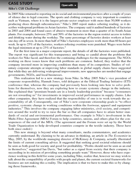 CASE STUDY Open with Nikes CSR Challenge In 2005 Nike returned to reporting on its social and environmental practices after