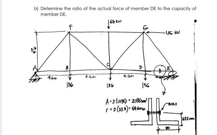 b) Determine the ratio of the actual force of member De to the capacity of member DE. 168 kW -136 KW B D 4.60 4.com 4.com 136