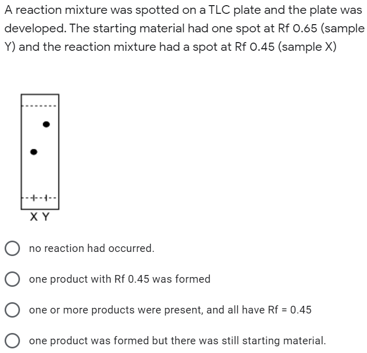 A reaction mixture was spotted on a TLC plate and the plate was developed. The starting material had one spot at Rf 0.65 (sam