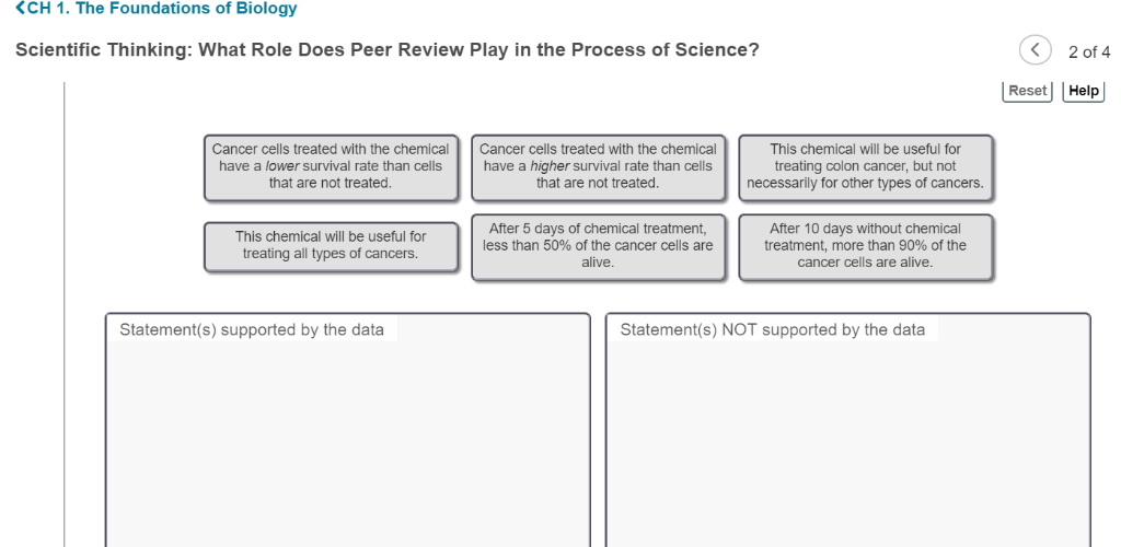 CH 1. The Foundations of Biology Scientific Thinking: What Role Does Peer Review Play in the Process of Science? 2 of 4 Reset