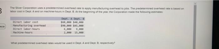 B The Silver Corporation unes a predetermined overhead rote to apply manufacturing overhead to jobs. The predetermined overhe