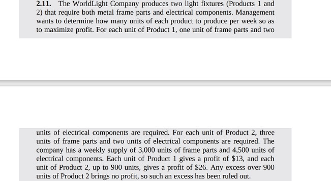 2.11. The WorldLight Company produces two light fixtures (Products 1 and 2) that require both metal frame parts and electrica