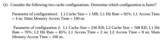 Q1- Consider the following two cache configurations. Determine which configuration is faster? Parameter of configurationl: L1