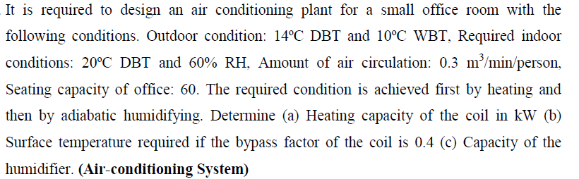 It is required to design an air conditioning plant for a small office room with the following conditions. Outdoor condition: