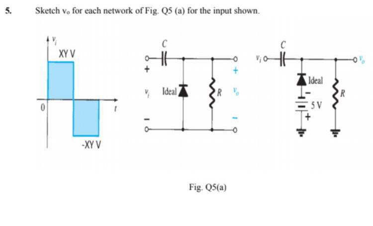 5. Sketch v, for each network of Fig. Q5 (a) for the input shown. с с XY V Ideal Ideal R 0 5V -XY V Fig. Q5(a)